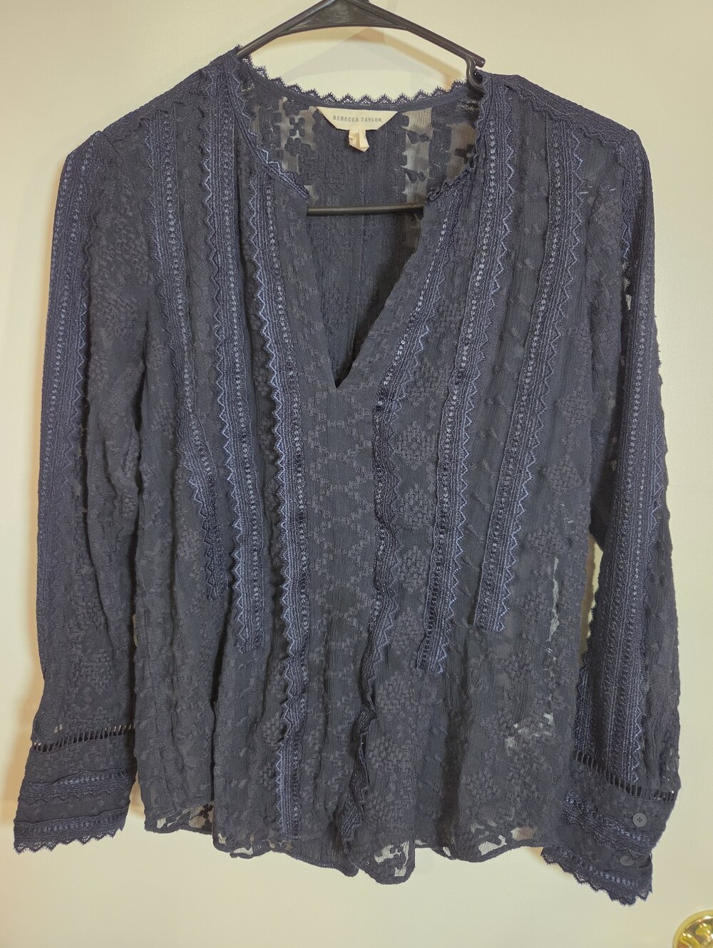 Rebecca Taylor Navy Blue Lace Blouse Silk Trim Embroidered V-Neck Top Sz 2